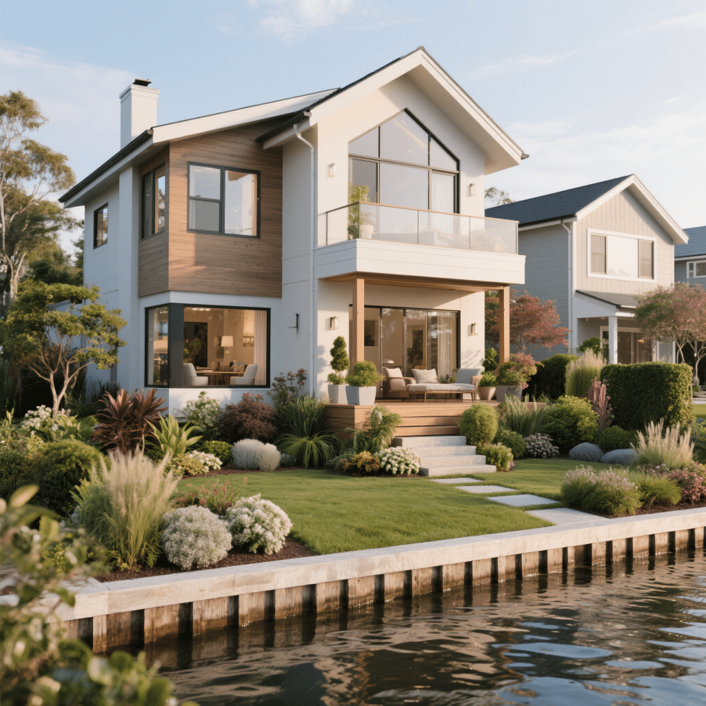 Modern white prefab home in Kingston with sleek architectural lines and warm wood-tone accents, showcasing customizable exterior siding options.