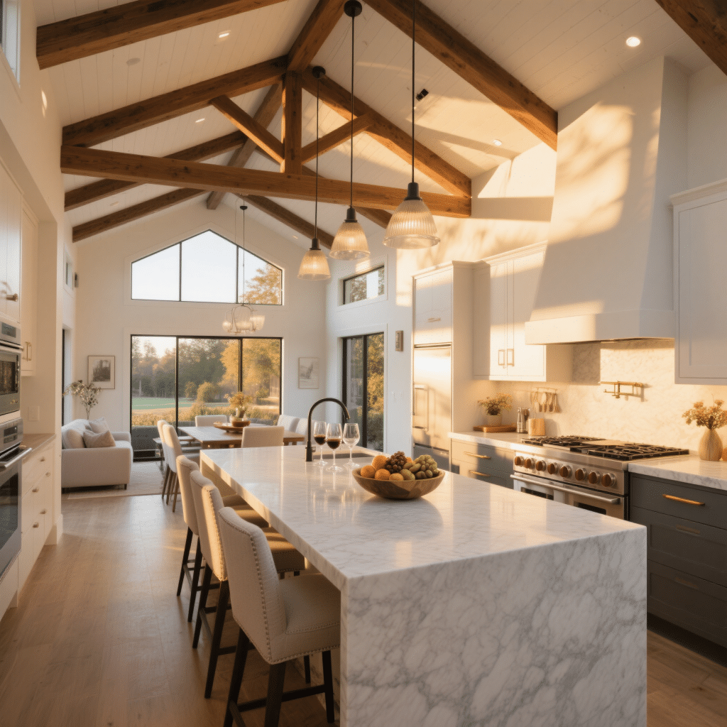 Warmly lit open-concept kitchen with vaulted ceilings, exposed wooden beams, and a central quartz island in a modern Kingston prefab home.