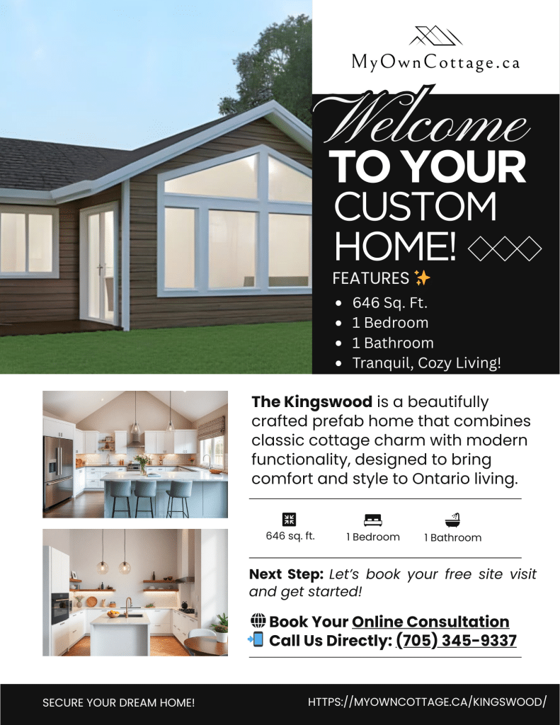 Brochure cover of the Kingswood prefab cottage home, a spacious design blending classic charm with modern comfort for Ontario living.