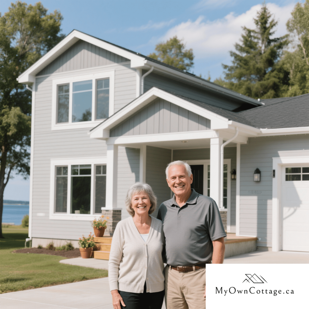 Retired couple Paul and Linda Thompson standing in front of their new modern prefab home in Lafontaine, Ontario, featuring light grey siding, large windows, and a front porch.