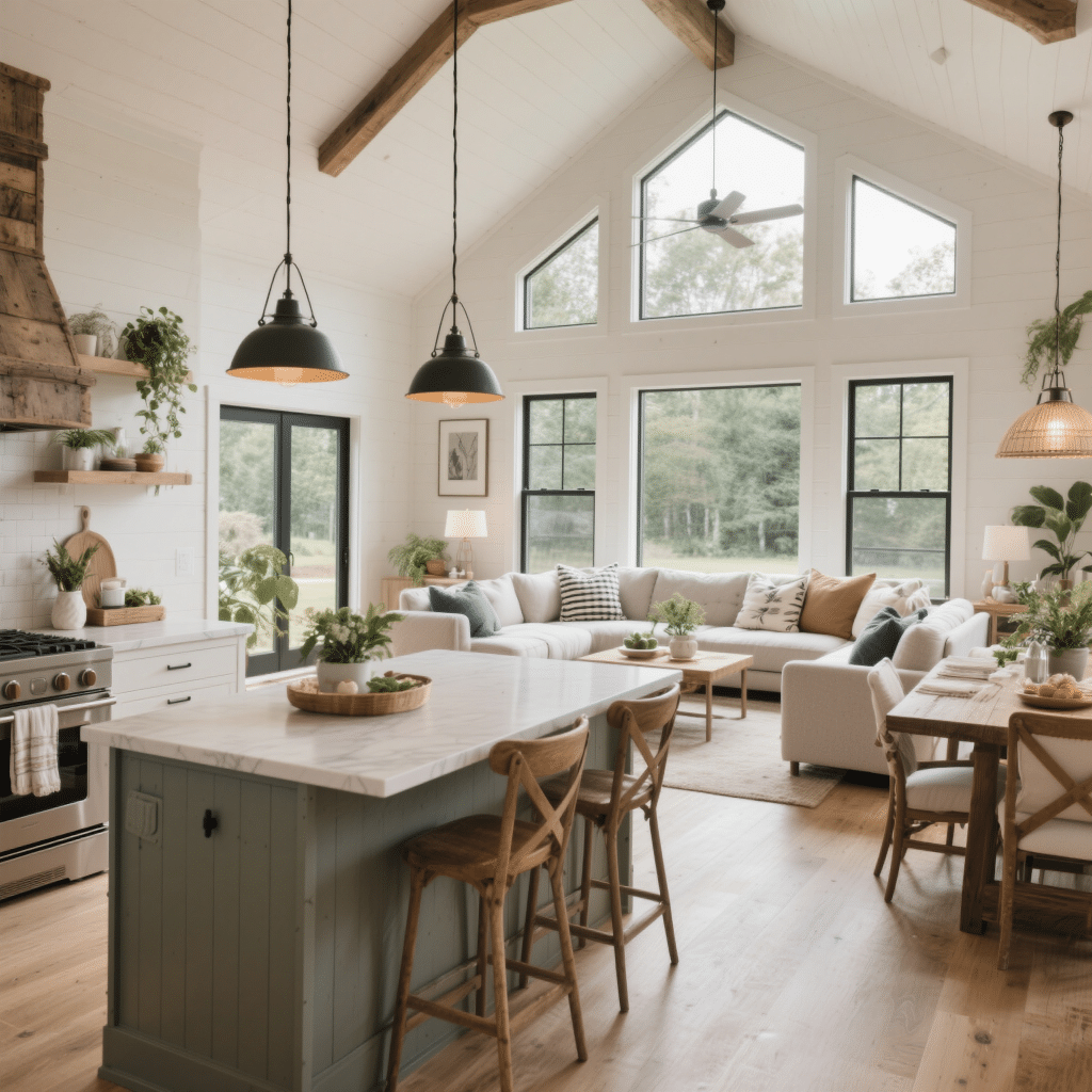 Spacious Lily of the Valley prefab home interior with open-concept living room and modern kitchen, featuring vaulted ceilings and natural light.