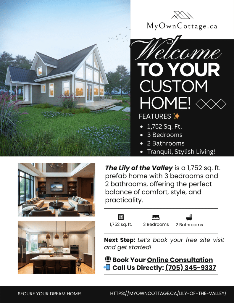Lily of the Valley prefab cottage home brochure cover featuring 1,752 sq. ft. 3-bedroom, 2-bathroom design in Ontario