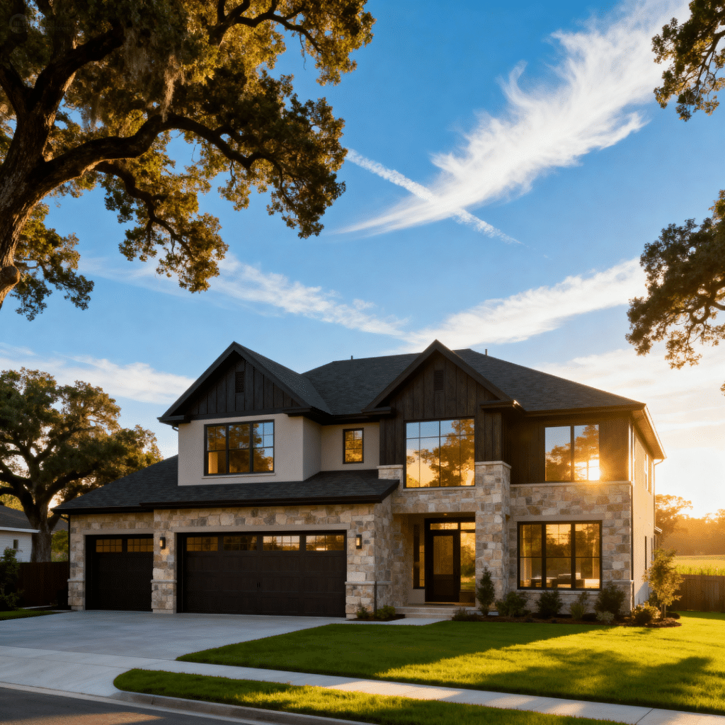 Luxury prefab home with garage in rural Caledon, Ontario, built by My Own Cottage, shown on a clear summer day—demonstrating modern modular construction and premium materials used in Ontario-prefabricated homes.