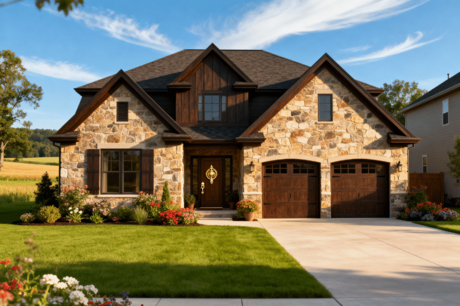 Luxury prefab home with garage by My Own Cottage in rural Halton Hills Ontario under blue summer skies