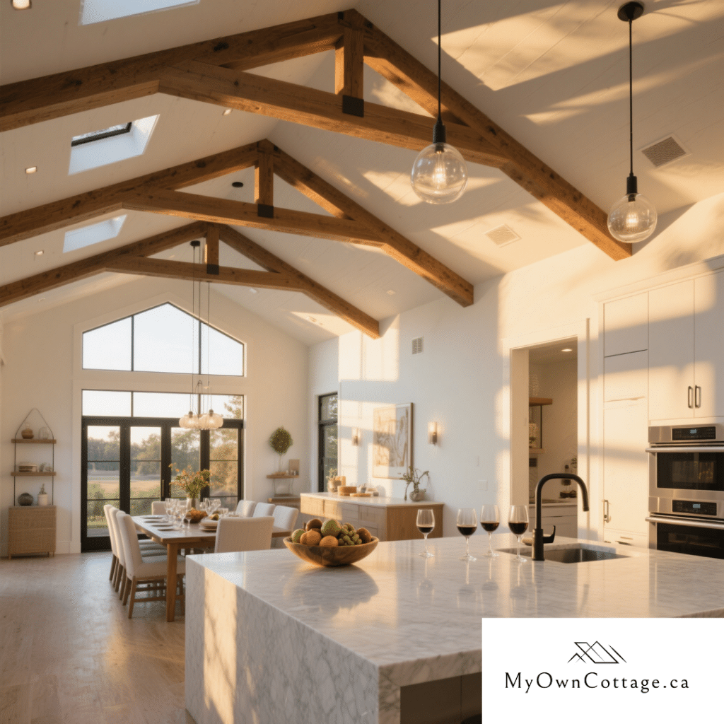 Luxury prefab home interior in Ontario by My Own Cottage, featured in customer testimonials about downsizing and cottage living.