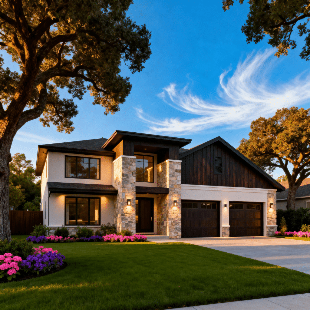 Luxury prefab home in Caledon, Ontario built by My Own Cottage, featuring architectural-grade materials, wide-span glazing, and a modern garage in a peaceful rural setting under clear blue skies.
