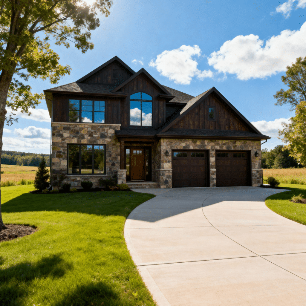 Luxury prefab home with garage by My Own Cottage in Halton Hills Ontario, elegant design with energy-efficient features and rural summer setting.