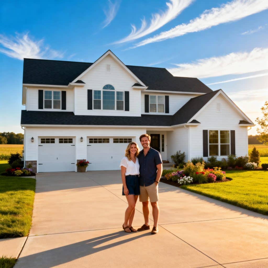 Smiling homeowners in front of their modern, affordable prefab home by My Own Cottage in Halton Hills, Ontario — expertly crafted for comfort, energy efficiency, and timeless design.