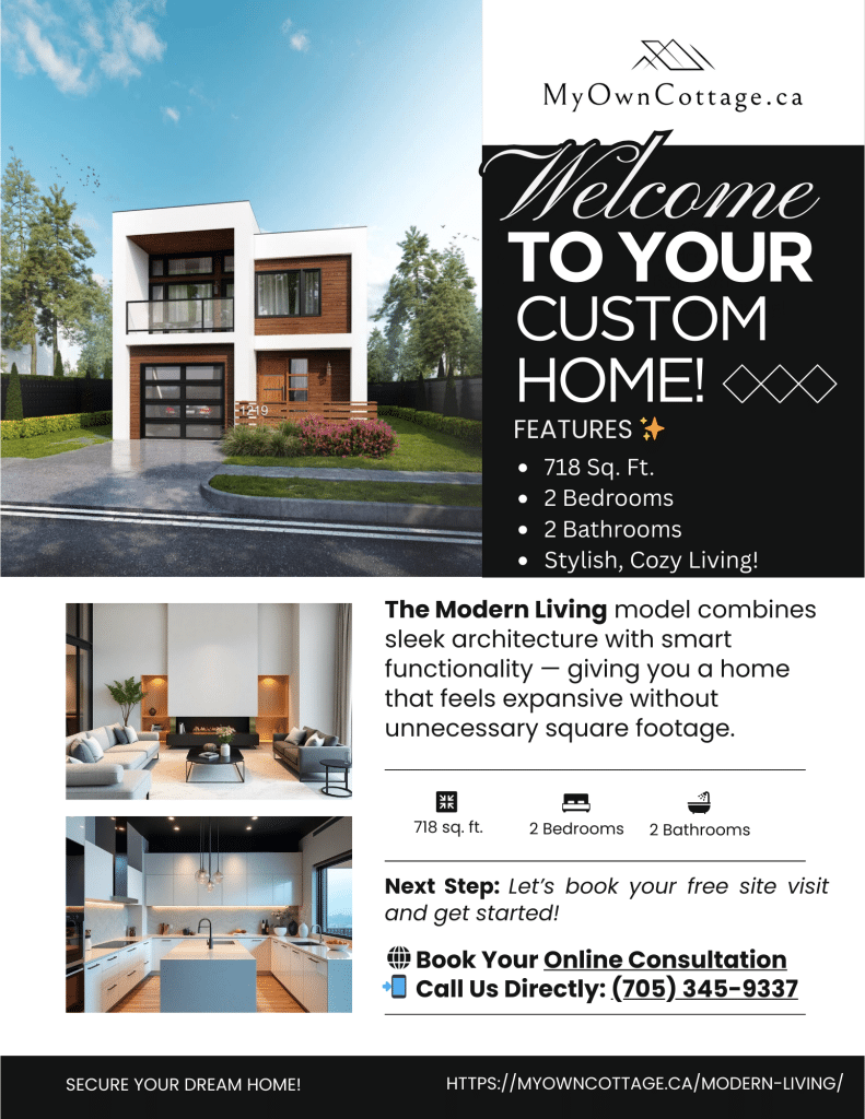 Modern Living prefab home brochure cover featuring 718 sq. ft. two-story design with 2 bedrooms and 2 bathrooms in Ontario