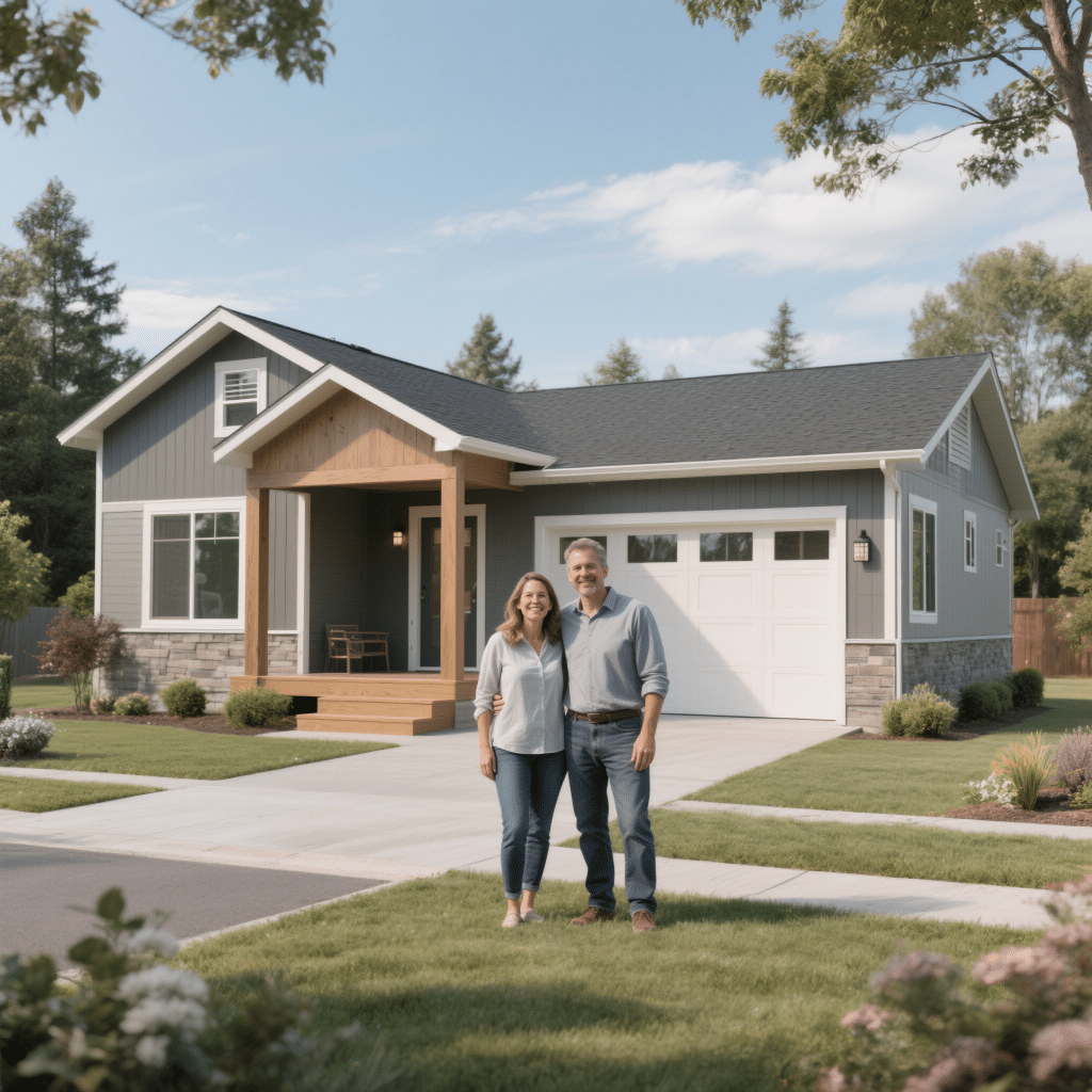 Modern modular home in Chatham built by My Own Cottage using SIPs, Passive House-rated cladding, and triple-pane windows, with smiling homeowners standing in front