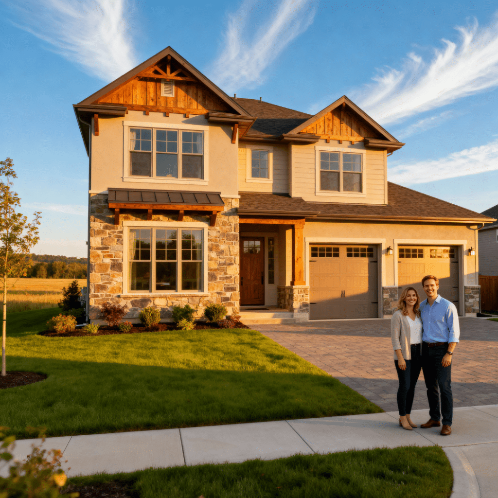 Modern prefab home in Caledon, Ontario with a full garage, built by My Own Cottage, shown in a peaceful rural summer setting with happy homeowners standing in front under clear blue skies.