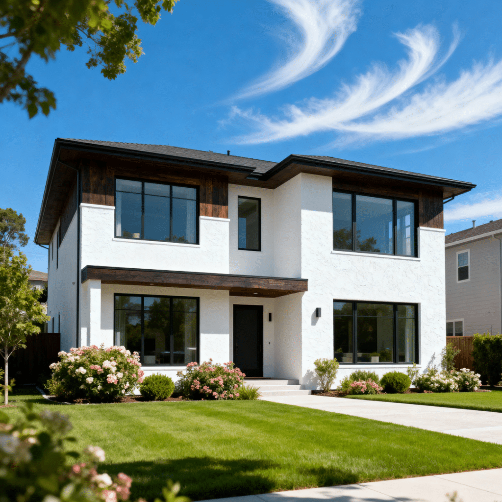 Modern luxury prefab home by My Own Cottage in Halton Region Ontario, suburban setting under blue skies with elegant design and energy-efficient build.