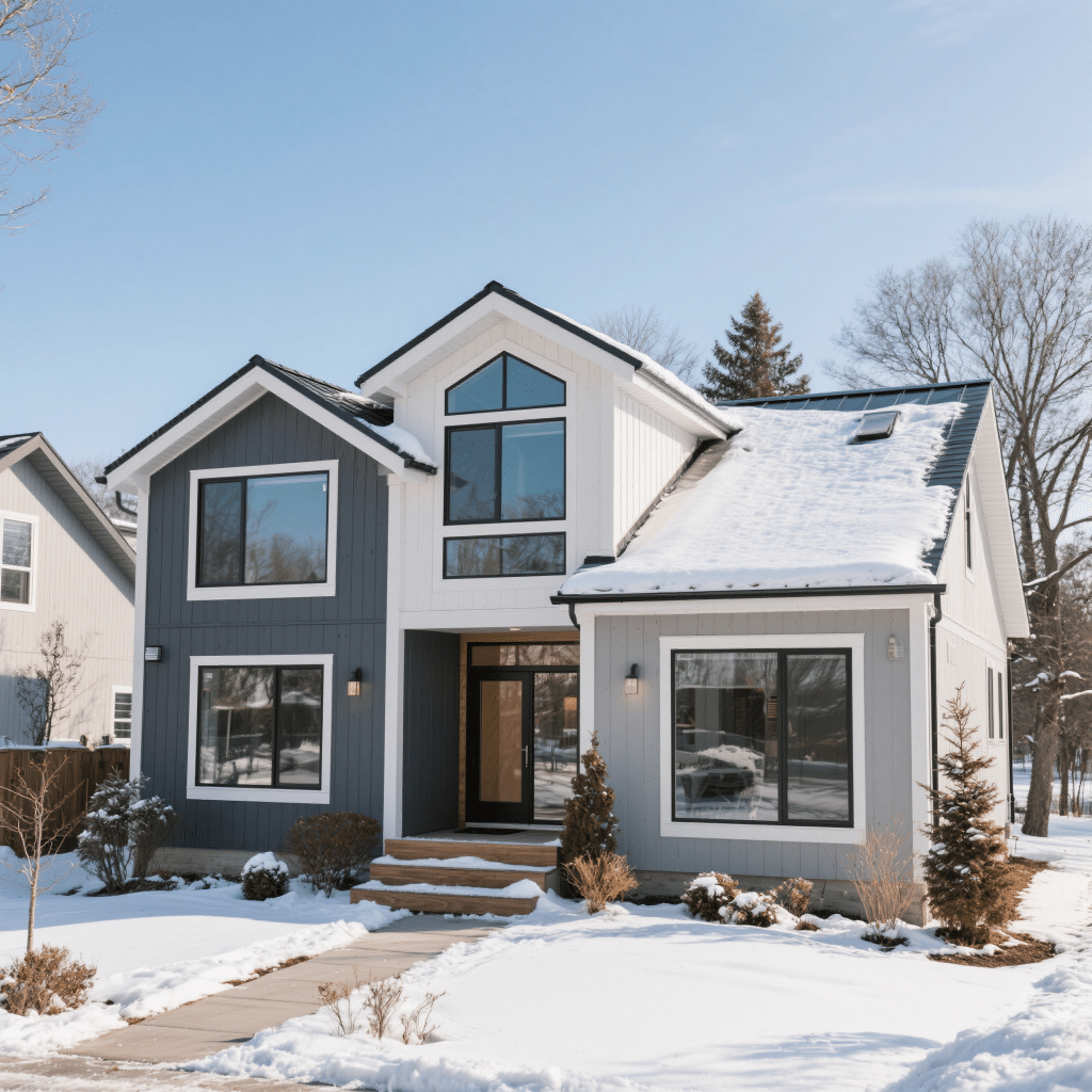 Modern prefab home in Niagara Region with snow-resistant metal roof, triple-glazed energy-efficient windows, and landscaped lot — built to Ontario building code and tailored to Welland zoning requirements.