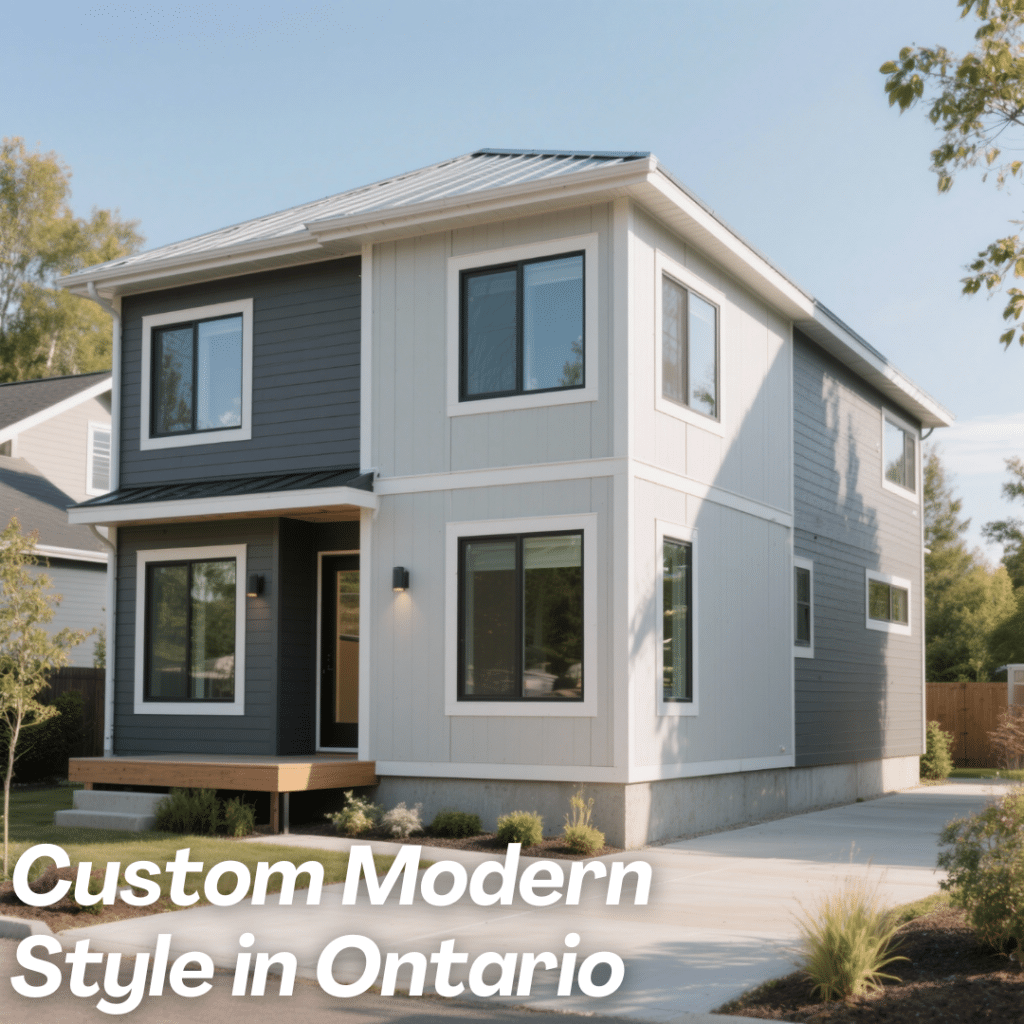 Modern prefab home in Ontario with clean finishes, tight seams, triple-pane windows, and permanent concrete foundation, showing high-end build quality.
