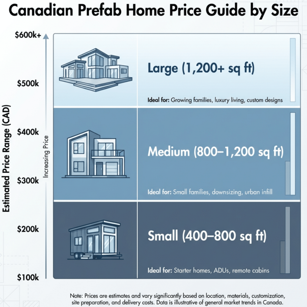 modern prefab homes Canada price list showing price ranges by home size from small to large