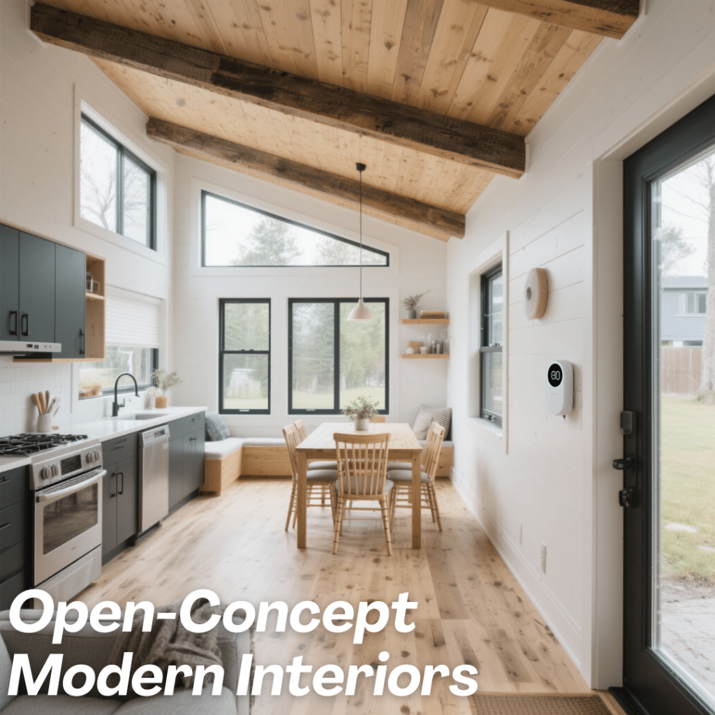 Wide-angle interior of a modern small prefab home in Ontario with open-concept kitchen, dining, and living area, triple-pane windows, bamboo flooring, smart thermostat, and ductless heat pump.
