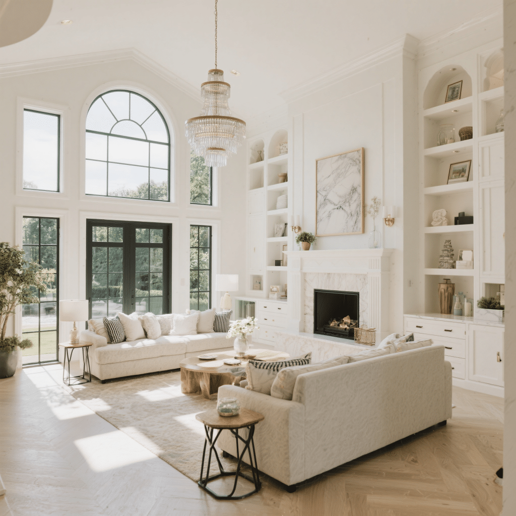 Bright, modern white interior of a luxurious prefab home with open-concept design and large windows.