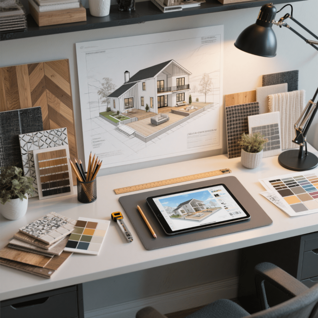 Designer’s desk with modular home floorplan, wood swatches, tiles, fabrics, and paint samples showing customization options