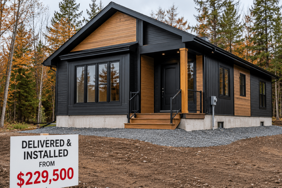 Modular homes Ontario for sale featuring a completed My Own Cottage modular home delivered and installed on a permanent foundation with visible site preparation and pricing from $229,500.