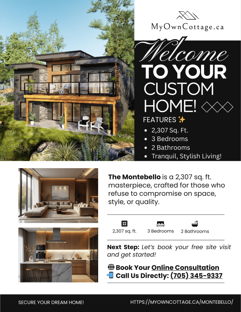 Montebello prefab cottage brochure cover by My Own Cottage — modern Ontario home design with customizable options.