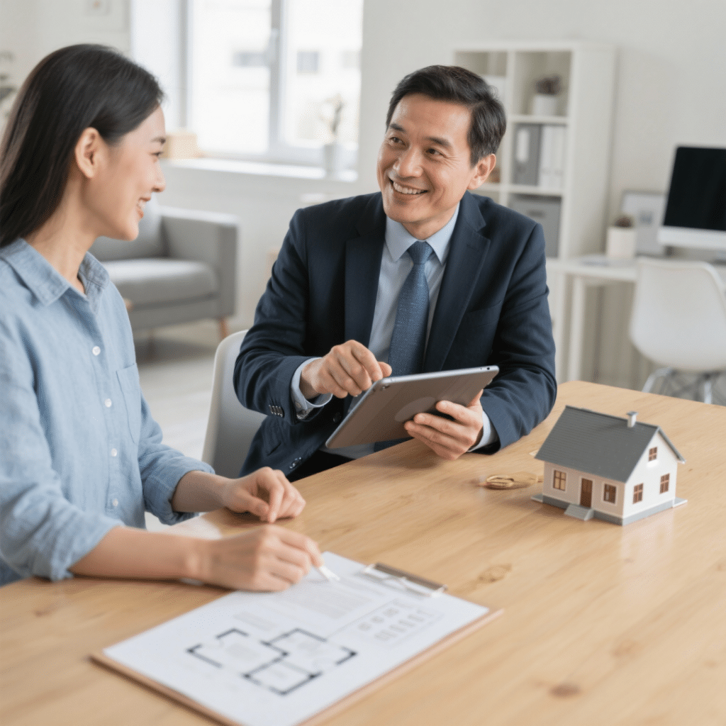 Mortgage advisor discussing prefab loan requirements with a homeowner at a consultation table, with a floor plan and model home in view.