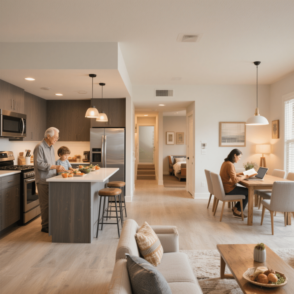 Interior of a multi-generational prefab home showing a grandparent and child cooking, a parent reading nearby, and a visible private suite entrance.