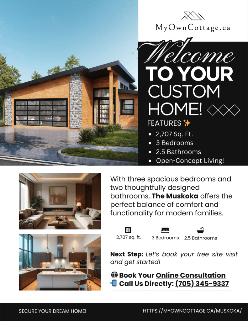 Muskoka prefab home brochure cover showcasing spacious 3-bedroom, 2-bathroom modern design by My Own Cottage