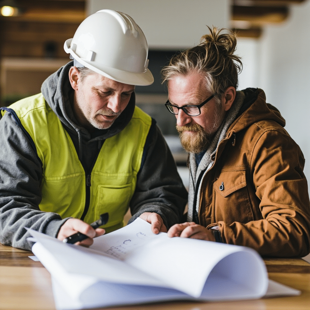 Builder and architect from My Own Cottage reviewing prefab home floor plans with homeowner inside partially built house in Kingston, discussing building code compliance