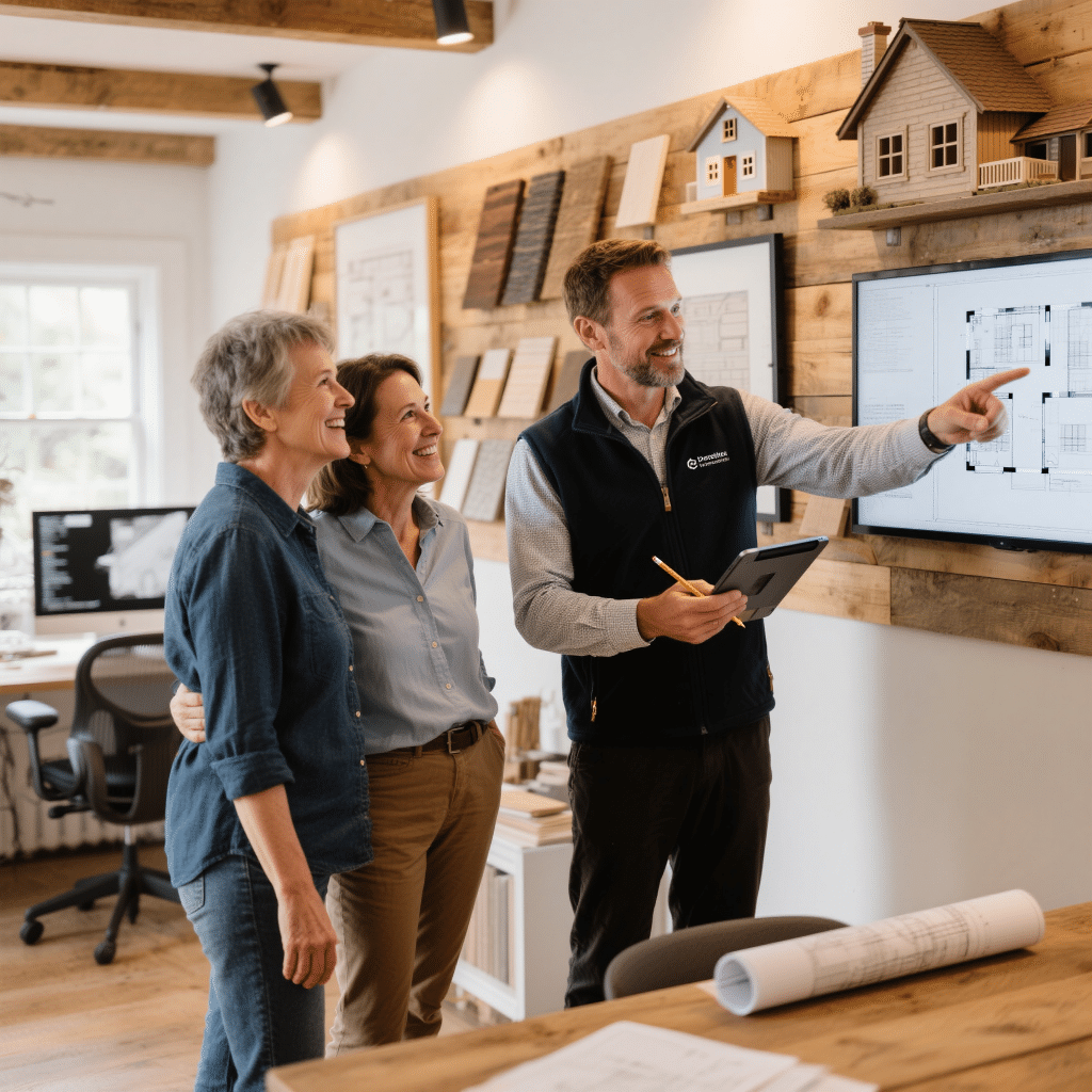 Architectural consultant from My Own Cottage guiding a woman and her mother through a custom prefab floor plan during an initial home design consultation in Kingston, Ontario.