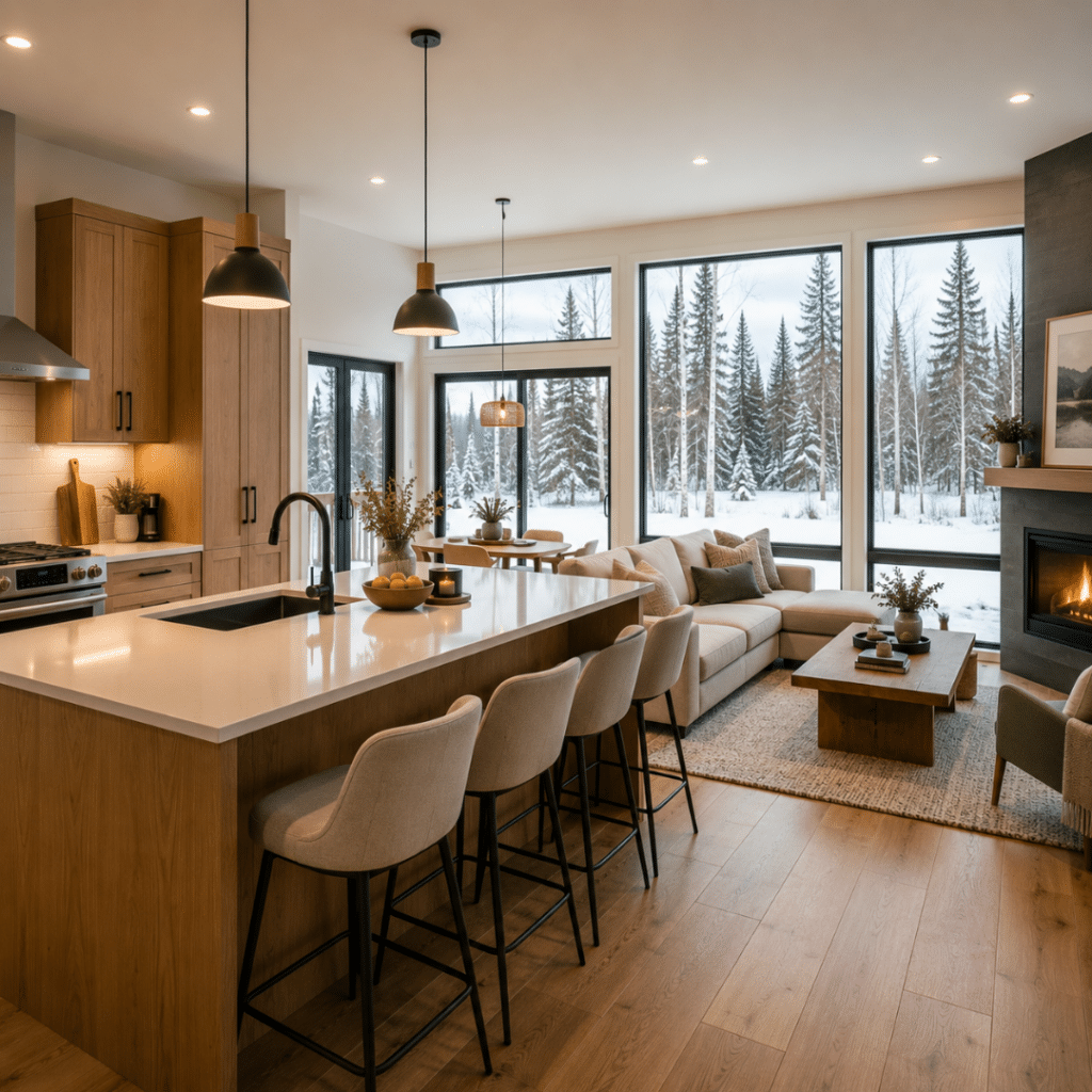 My Own Cottage prefab home interior Canada — open-concept kitchen and living space in completed modular home delivered and installed in Ontario