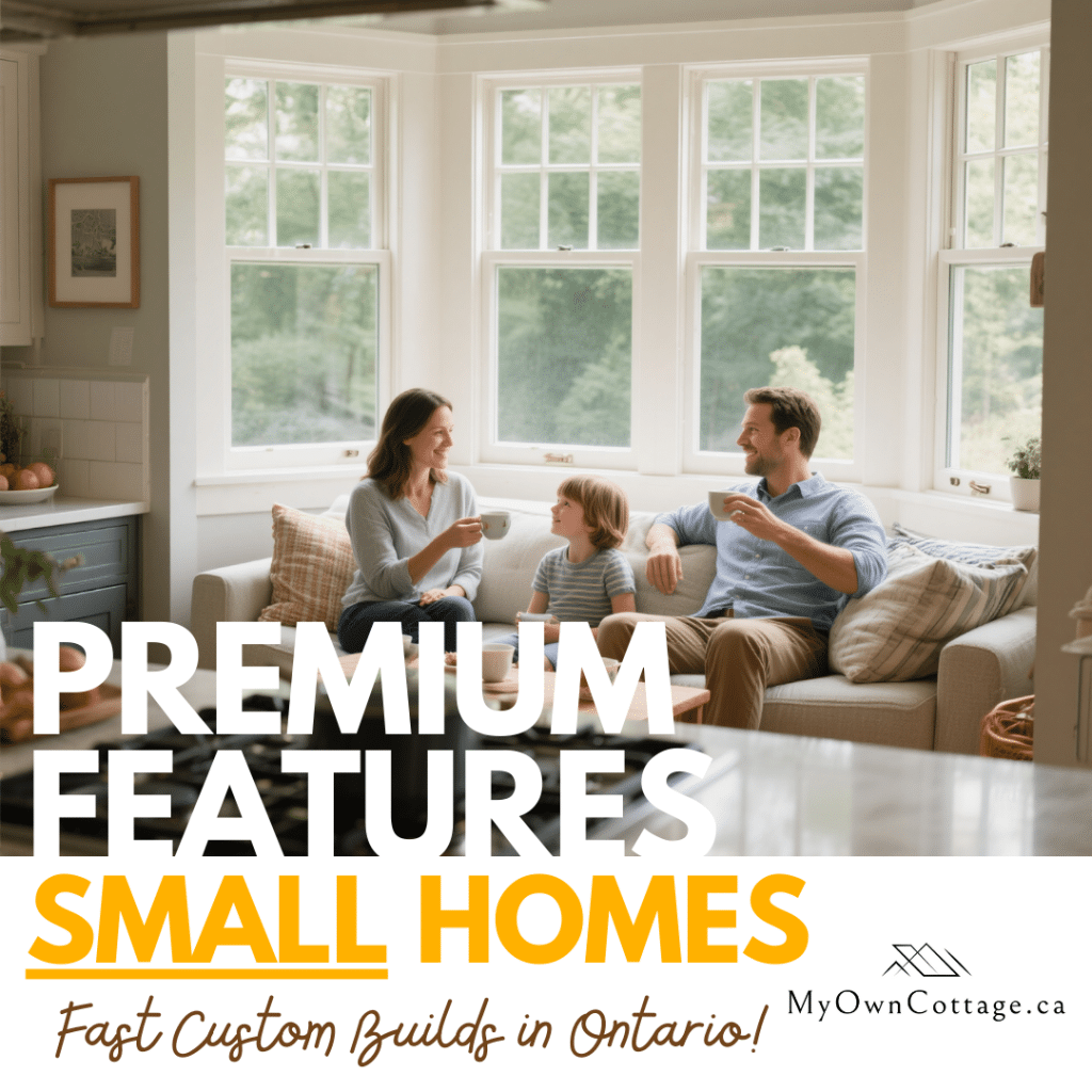 Family enjoying a modern small prefab home interior by My Own Cottage in Ontario, featuring quartz countertops, energy-efficient windows, and in-floor heating.