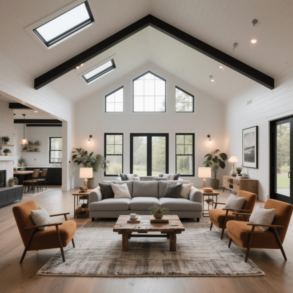 Interior of the North Star prefab home featuring a modern open-concept living room with low-slope ceilings, large energy-efficient windows, cozy sectional sofa, rustic coffee table, and warm neutral décor.