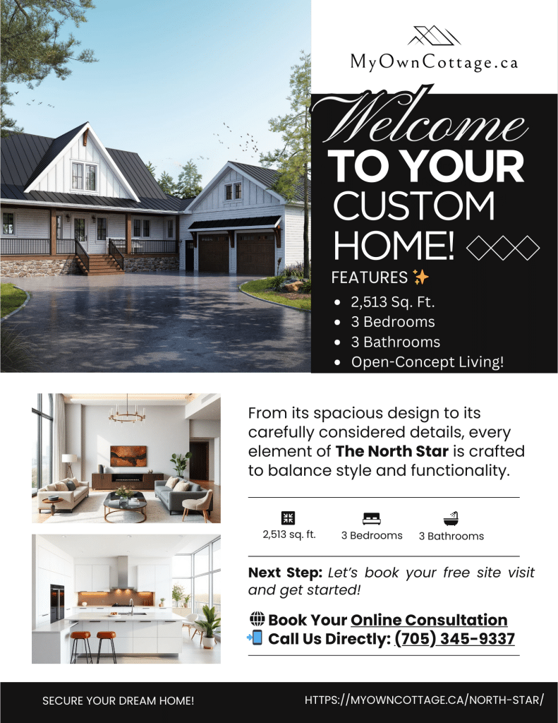 North Star prefab home brochure cover showcasing modern farmhouse design with 3 bedrooms and 3 bathrooms by My Own Cottage