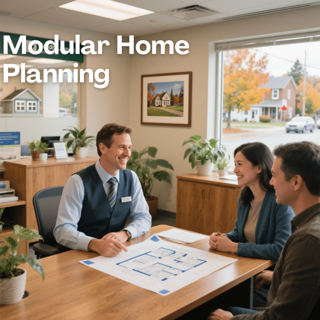Credit union loan officer in Ontario reviewing prefab home blueprints and mortgage documents with a couple in a cozy, community branch office.