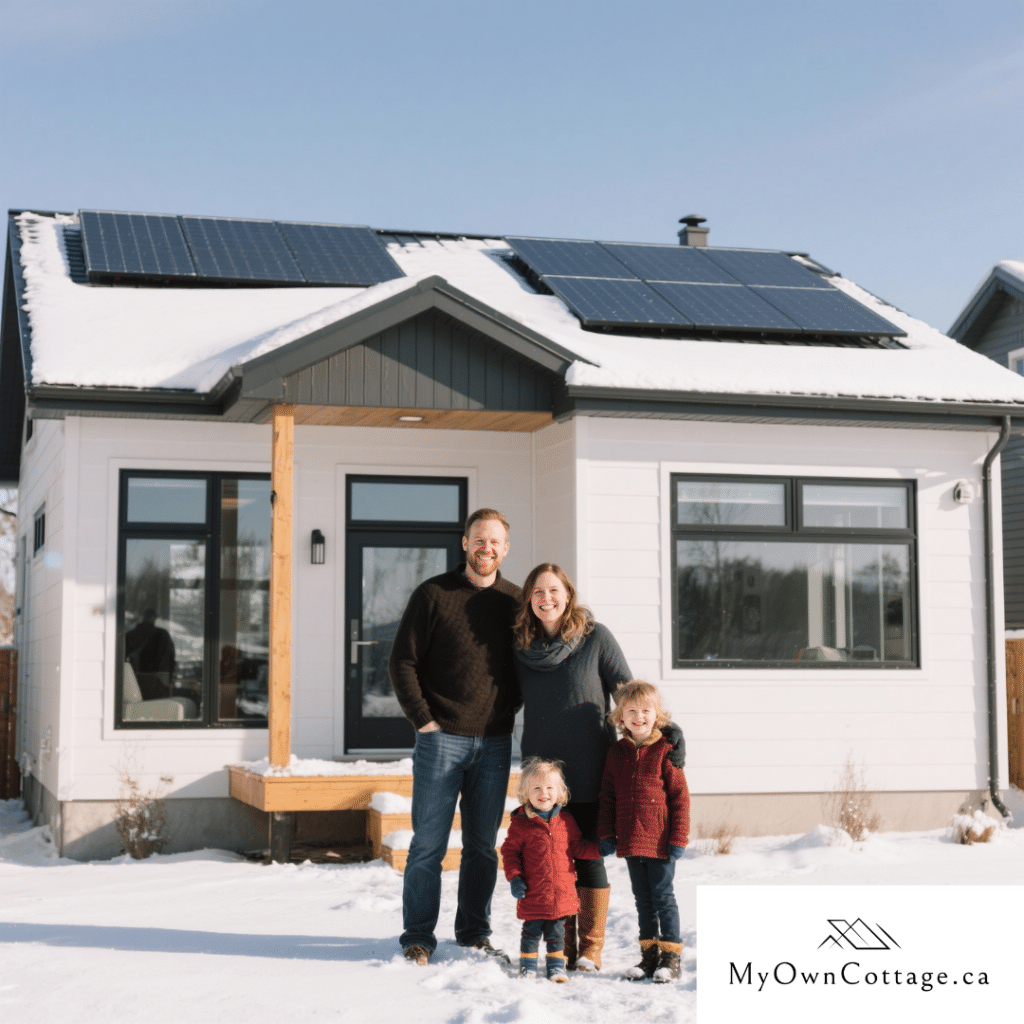 Ontario family with two children smiling in front of their small prefab home with solar panels, showing lower energy bills and winter energy savings.