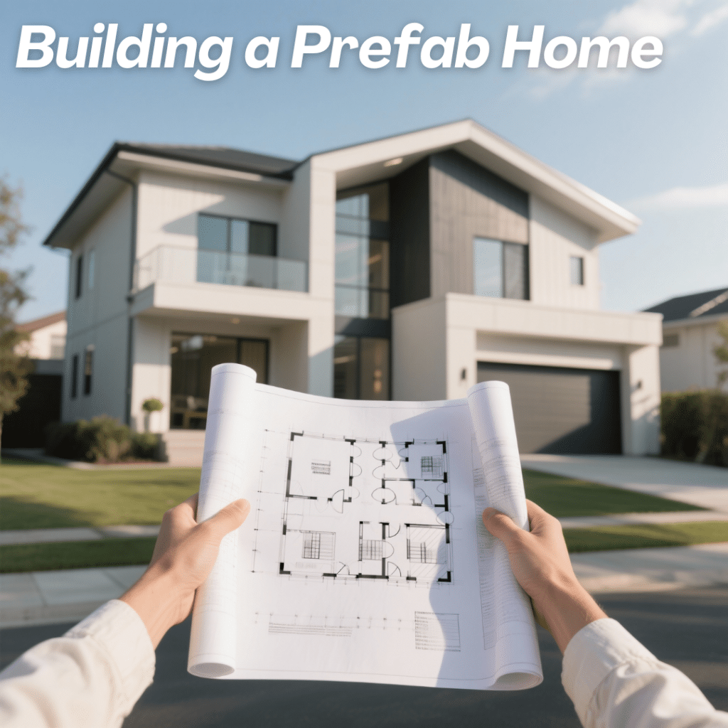 Hands holding architectural plans in front of a modern prefab home in Ontario, symbolizing building permits and design approval