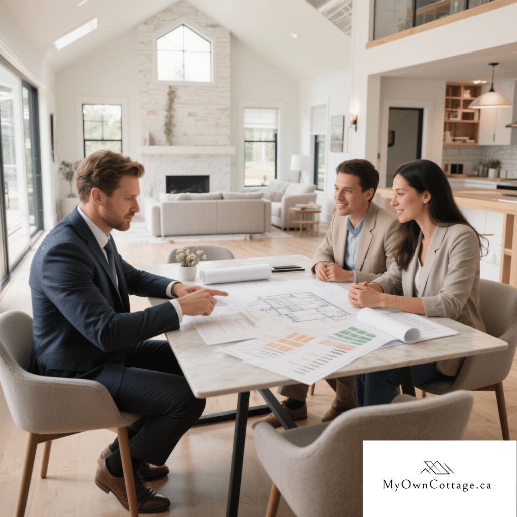 Architect reviewing blueprints and cost estimates with homeowners inside a modern prefab modular home in Ontario, highlighting predictable budgeting.