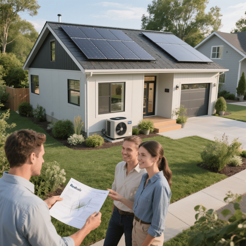 Modern prefab home in an Ontario suburb with solar panels, Energy Star heat pump, and homeowners reviewing green energy rebate plans in a landscaped yard