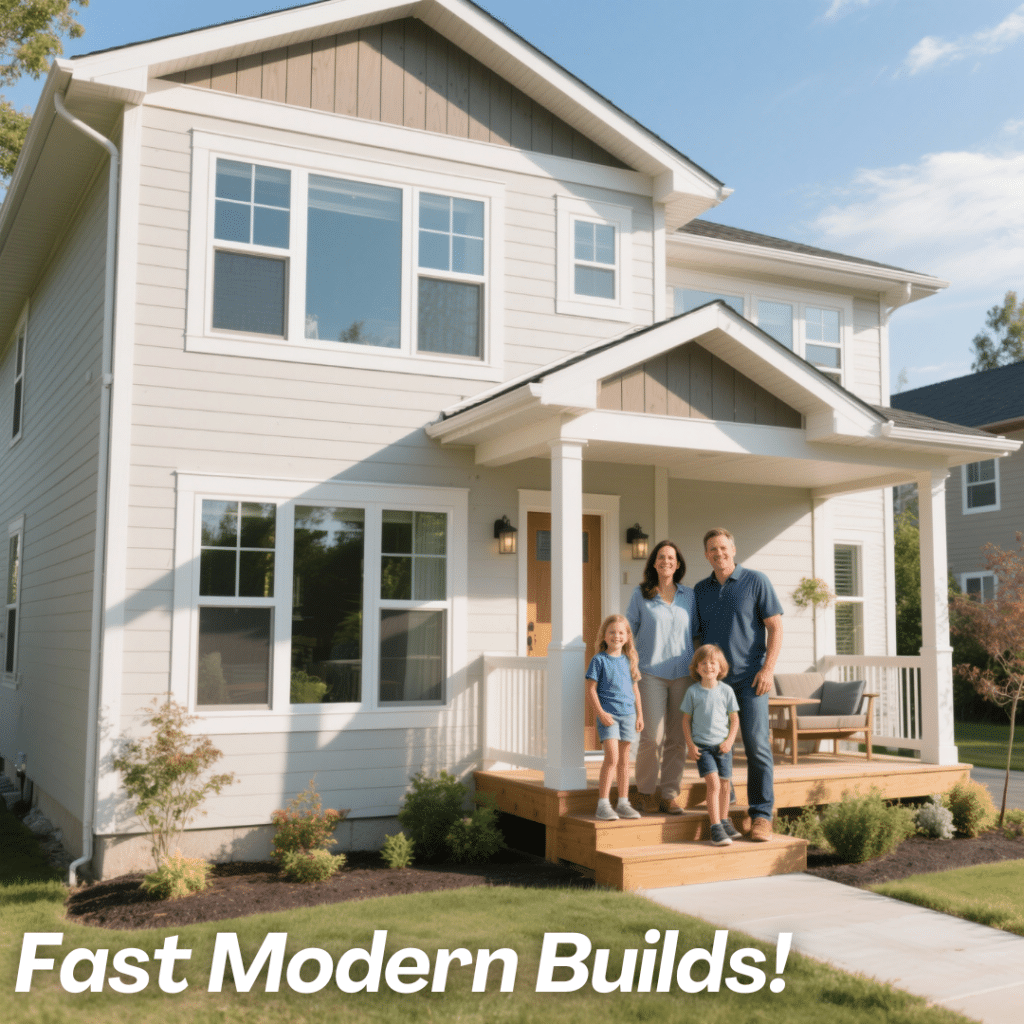 Ontario family standing proudly outside their modern prefab home with triple-pane windows, ductless heat pump, and landscaped yard—showcasing energy efficiency and homeownership success.