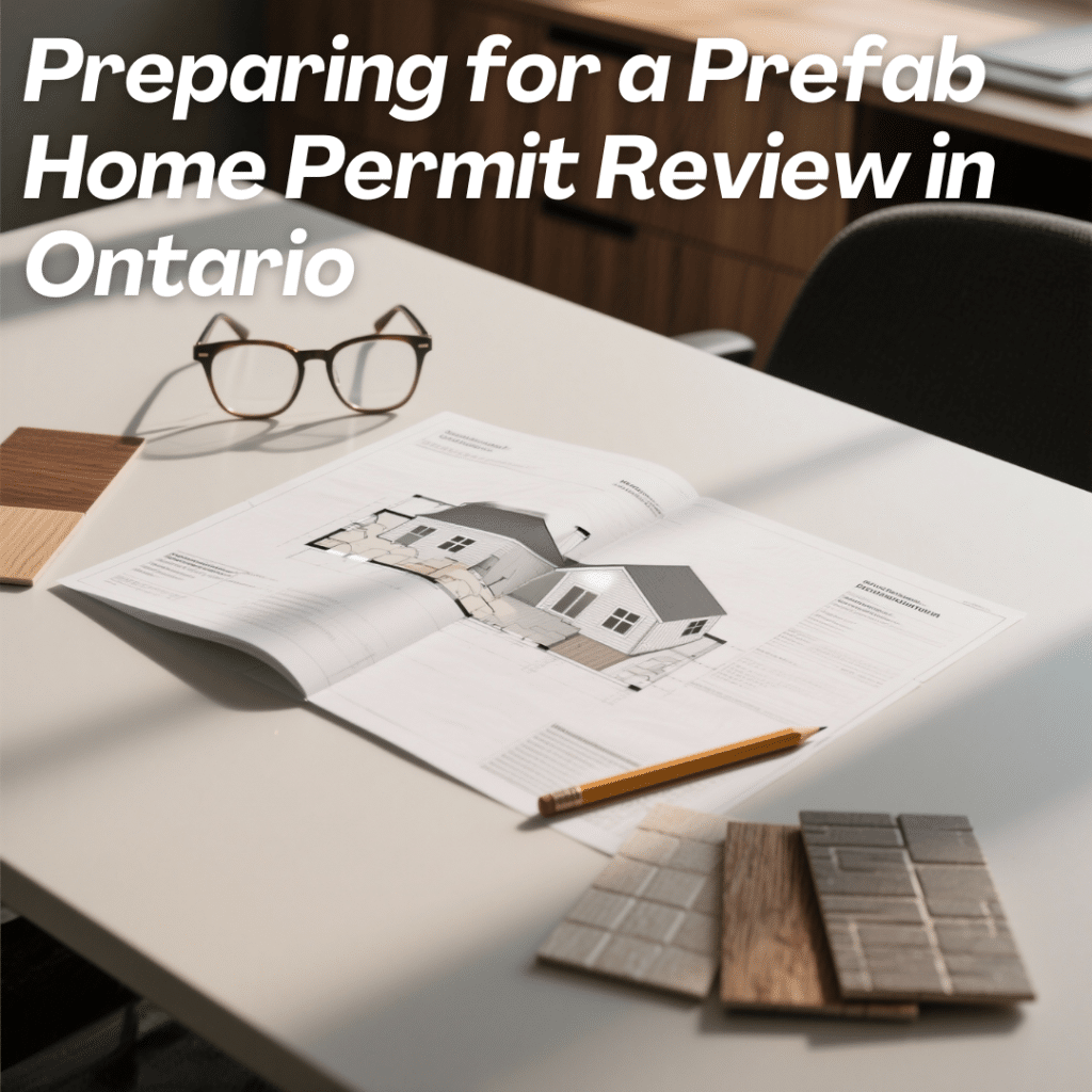 Architectural floor plans and material samples on a professional workspace table for prefab home permit review in Ontario