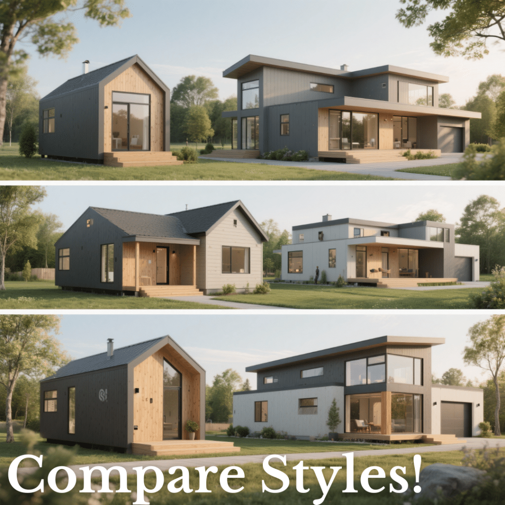 A side-by-side collage of three prefab homes in Ontario showing different price tiers: a 600 sq. ft. tiny home with wood siding, a 1,100 sq. ft. bungalow with a gabled roof and porch, and a 1,500+ sq. ft. custom modern home with large glass walls and a flat roof.