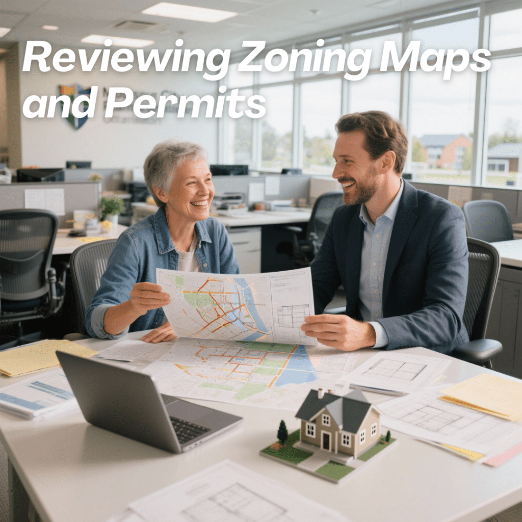 Homeowner meeting with municipal planner in Ontario to review zoning maps and building permits for a prefab home project