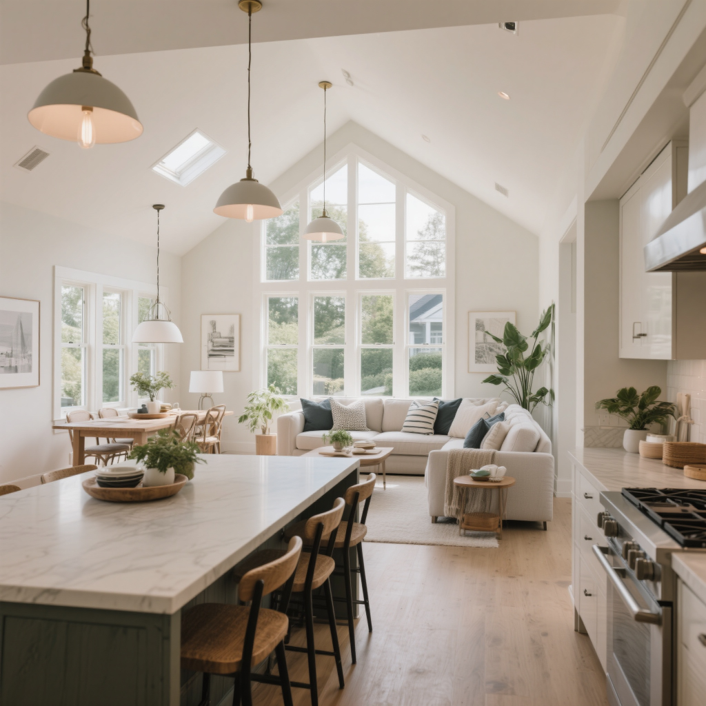 Interior view of a modern open-concept prefab bungalow in Thunder Bay featuring a kitchen island, dining area, living room, and large windows with natural light.