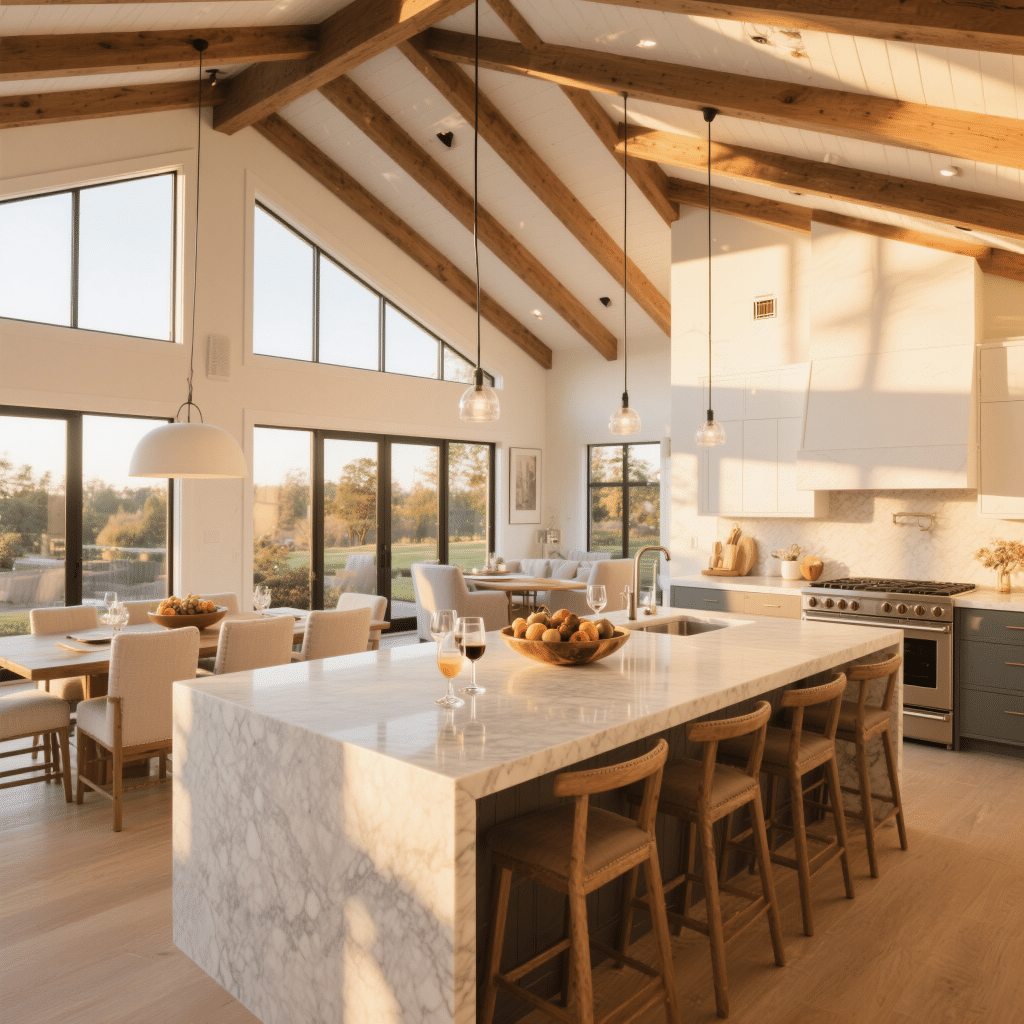 Warmly lit open-concept prefab kitchen and dining area in Kingston with vaulted ceilings and central quartz island during golden hour