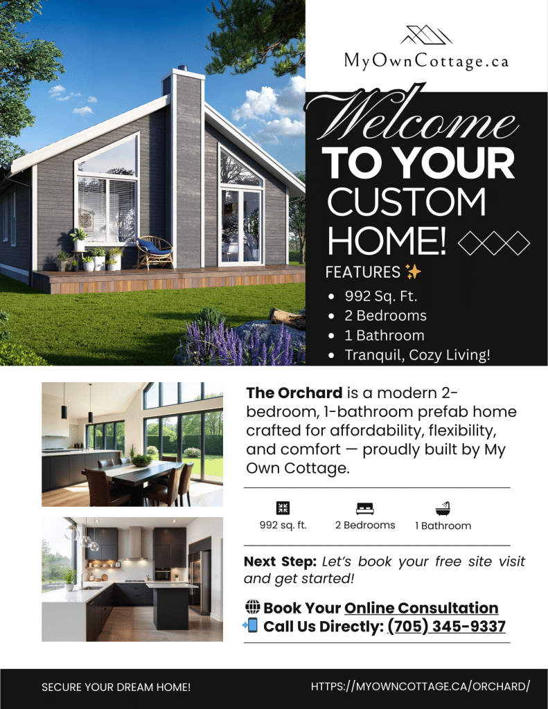 Orchard prefab cottage-home brochure cover showcasing modern design and key features of this customizable home model.