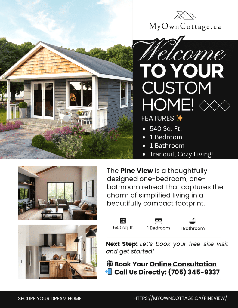 Brochure cover of the Pine View prefab cottage ADU, a one-bedroom, one-bathroom compact retreat designed for cozy, flexible Ontario living.