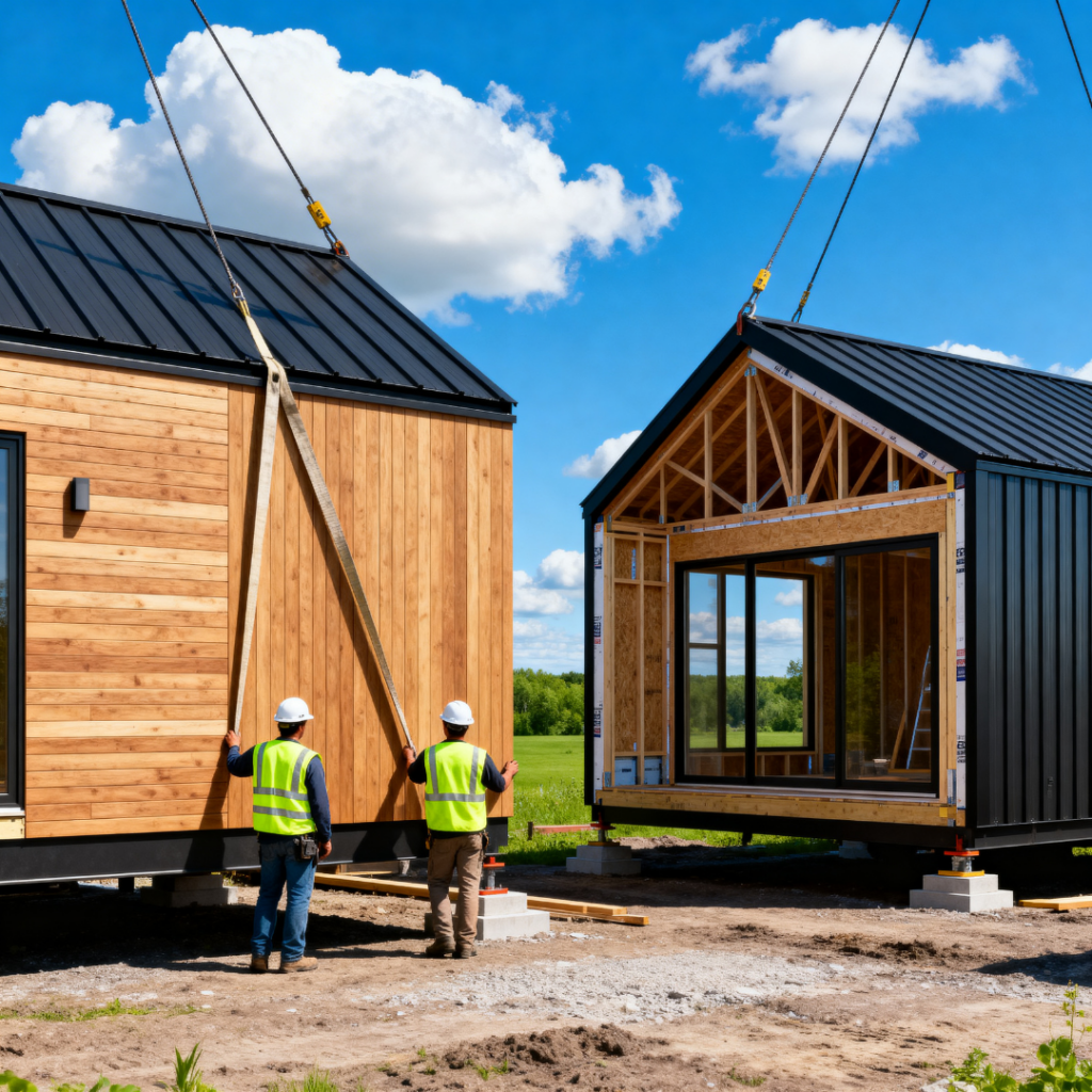 Prefab modular cottage installation by cottage builders in Kingston Ontario showing high-performance home construction