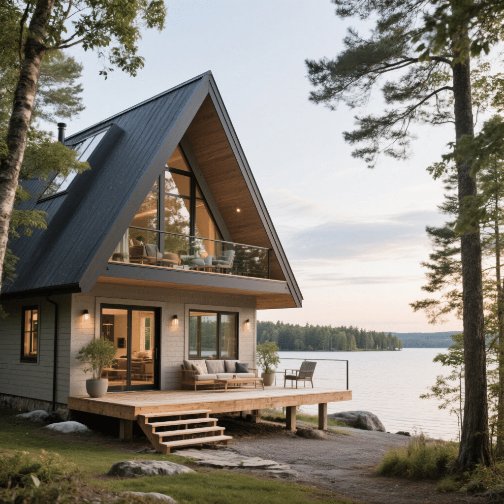Modern A-frame prefab cottage in Kawartha Lakes, Ontario with lake view and front porch built by My Own Cottage for the Jackson family