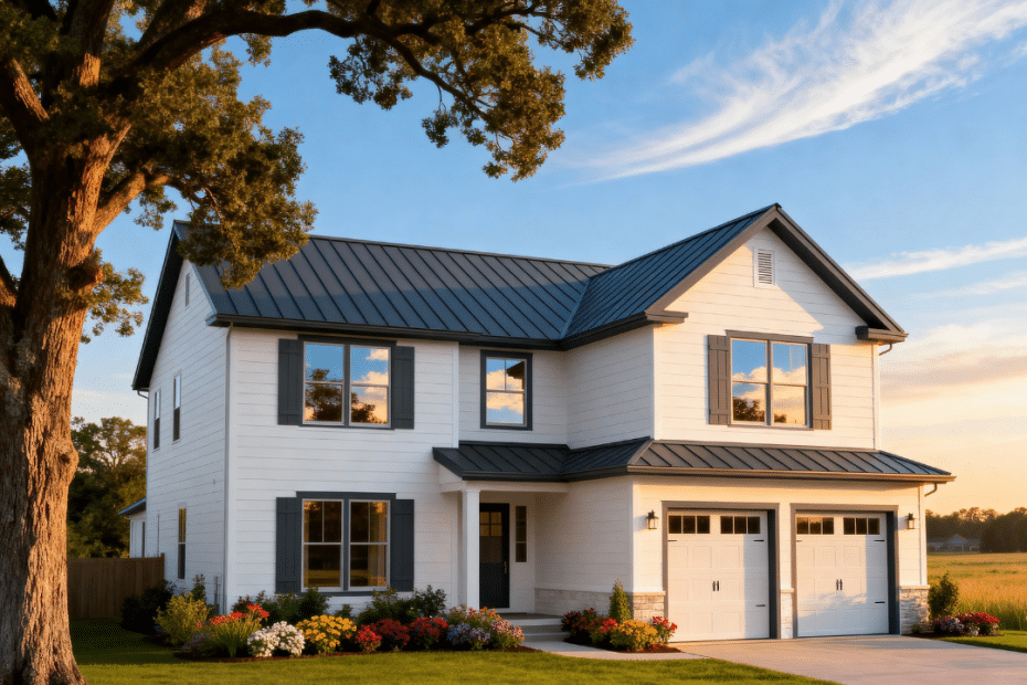 Modern prefab home with garage in rural Caledon, Ontario, built by My Own Cottage, shown in a bright summer landscape with blue skies and soft clouds.