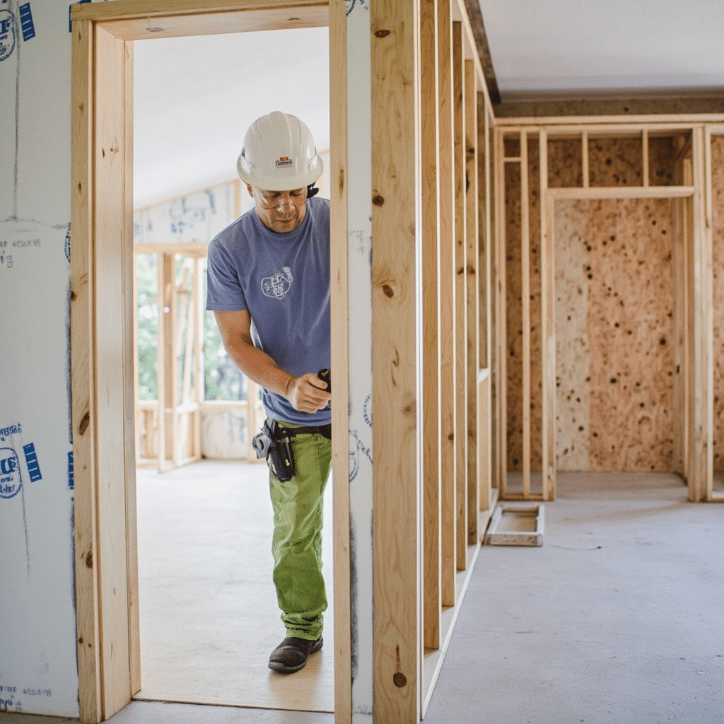 Construction worker assembling prefab home in Kawartha Lakes Ontario during on-site installation, showing building process and craftsmanship